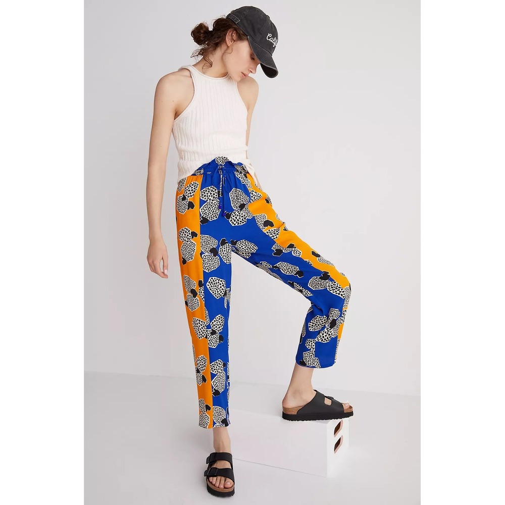Farm Rio for Anthropologie Colorblock Graphic Print Paperbag Pants Blue Orange S